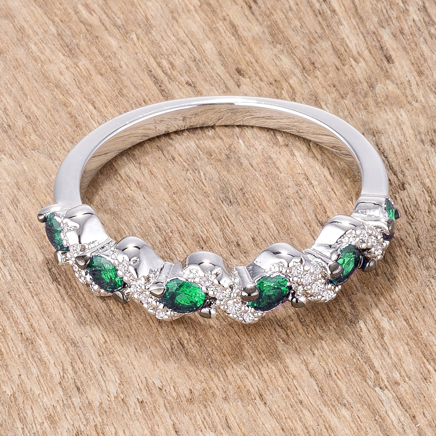 Desired Whisper Couture Line .18Ct Rhodium and Hematite Plated S Shape Emerald Green and Clear CZ Half Eternity Band - Friggin Jewelry Fashion