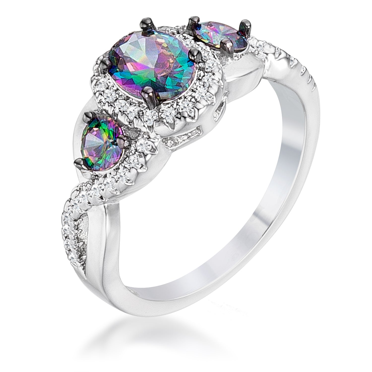Everyday Spark Modern Icon 1.43Ct Rhodium & Hematite Plated Mystic & Clear CZ Three Stone Twisted Shank Ring - Friggin Jewelry Fashion