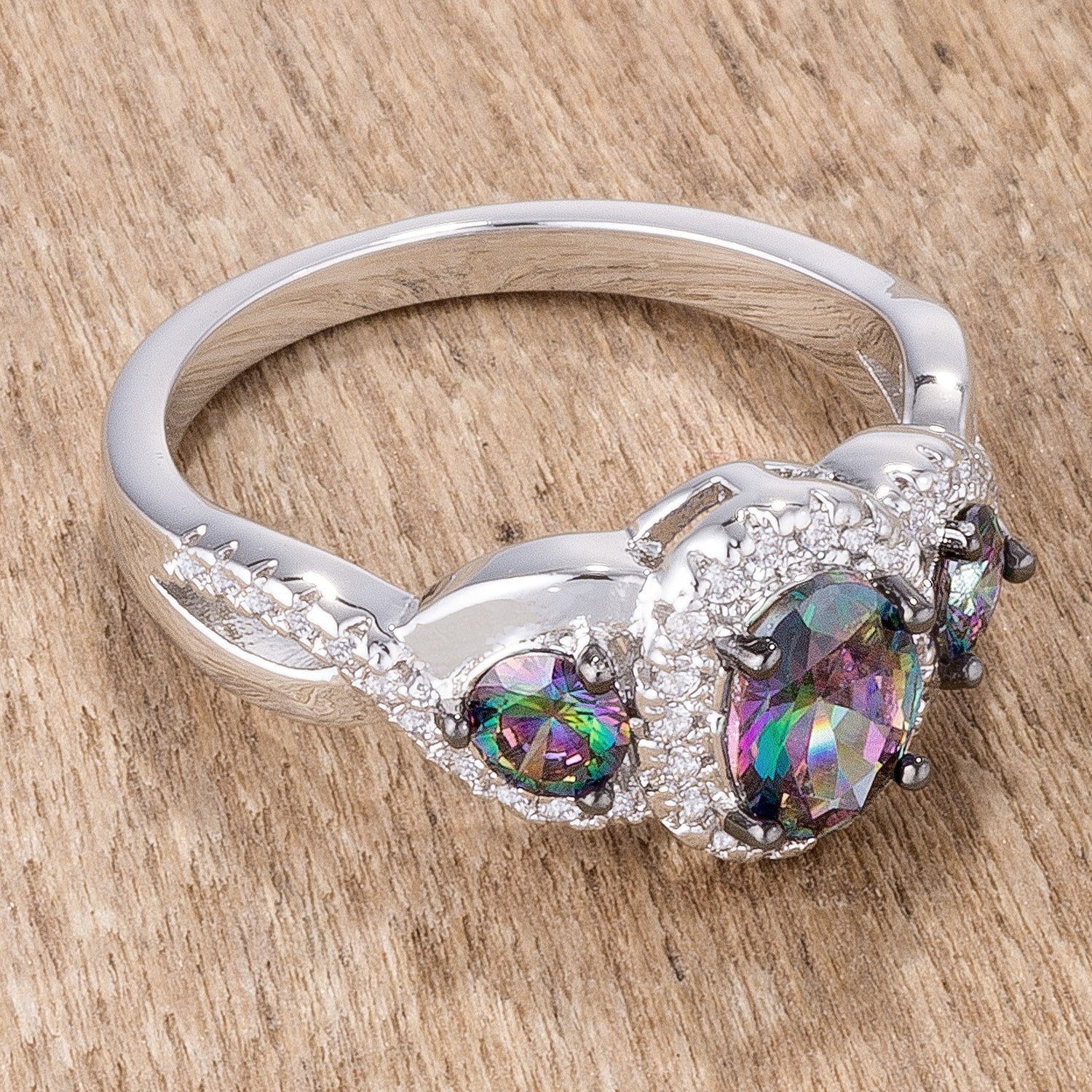 Everyday Spark Modern Icon 1.43Ct Rhodium & Hematite Plated Mystic & Clear CZ Three Stone Twisted Shank Ring - Friggin Jewelry Fashion