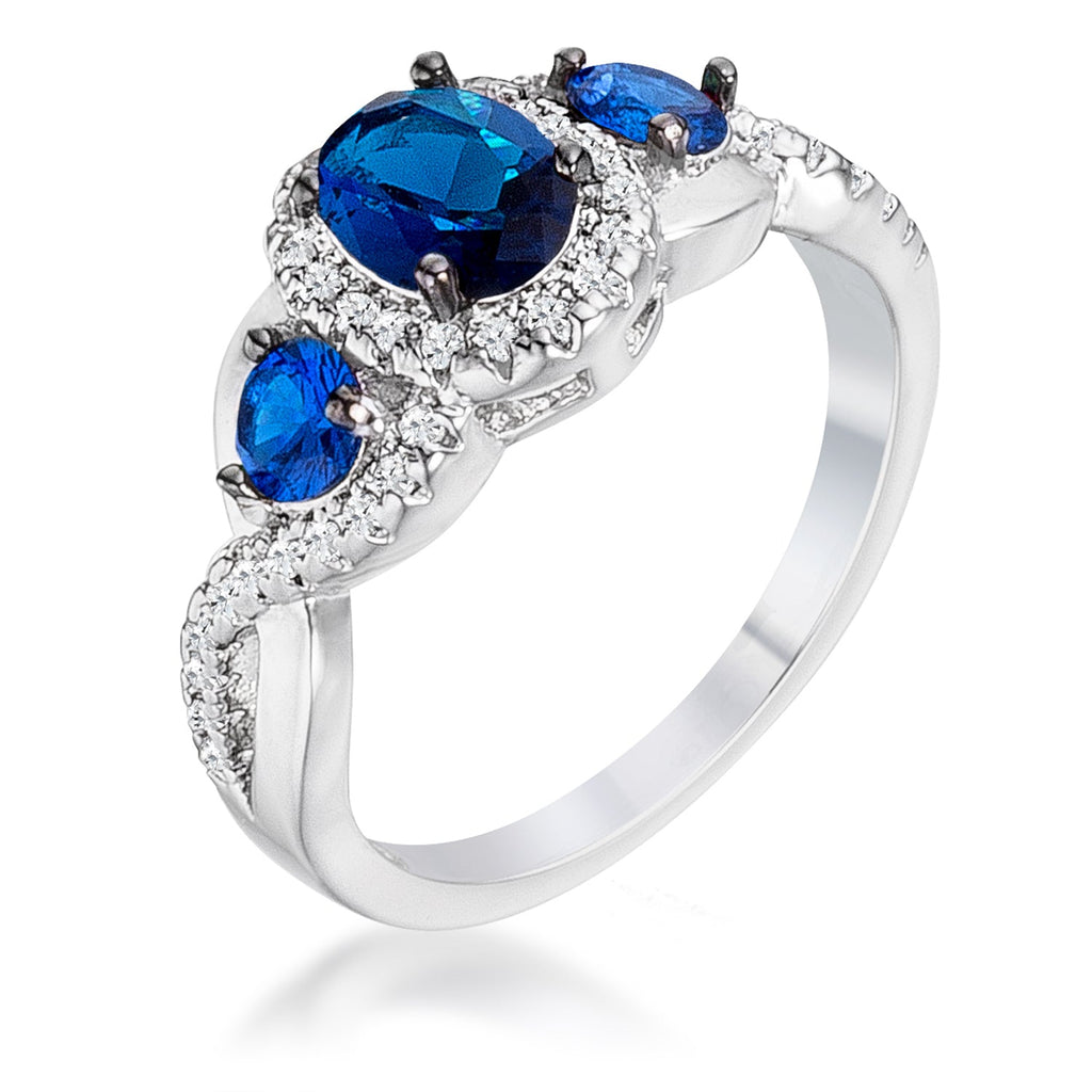 Sculpted Curve Modern Icon 1.43Ct Rhodium & Hematite Plated Sapphire Blue & Clear CZ Three Stone Twisted Ring - Friggin Jewelry Fashion