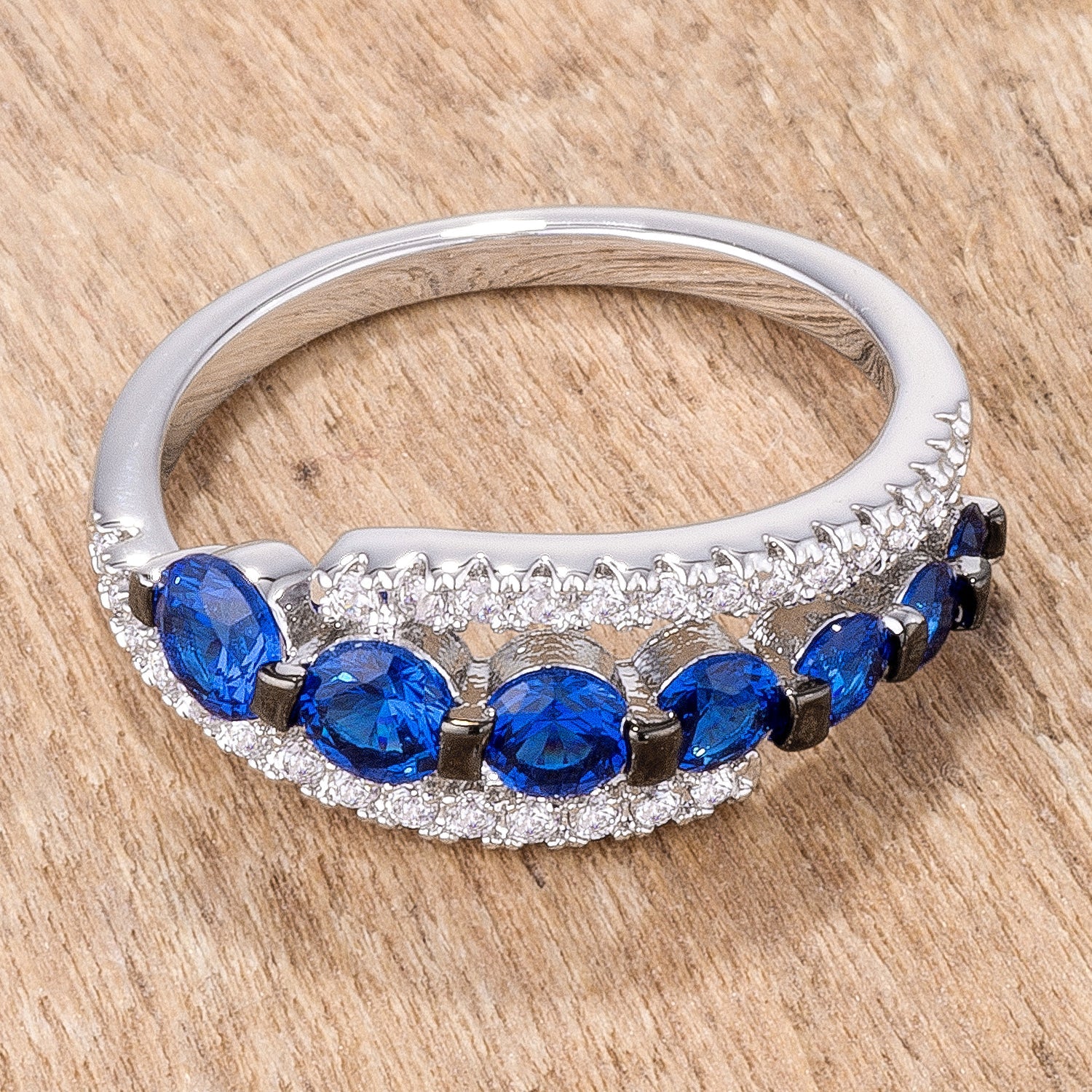 Modern Heroine Classic Edit 1.06Ct Rhodium & Hematite Plated Graduated Blue & Clear CZ Half Eternity Ring - Friggin Jewelry Fashion