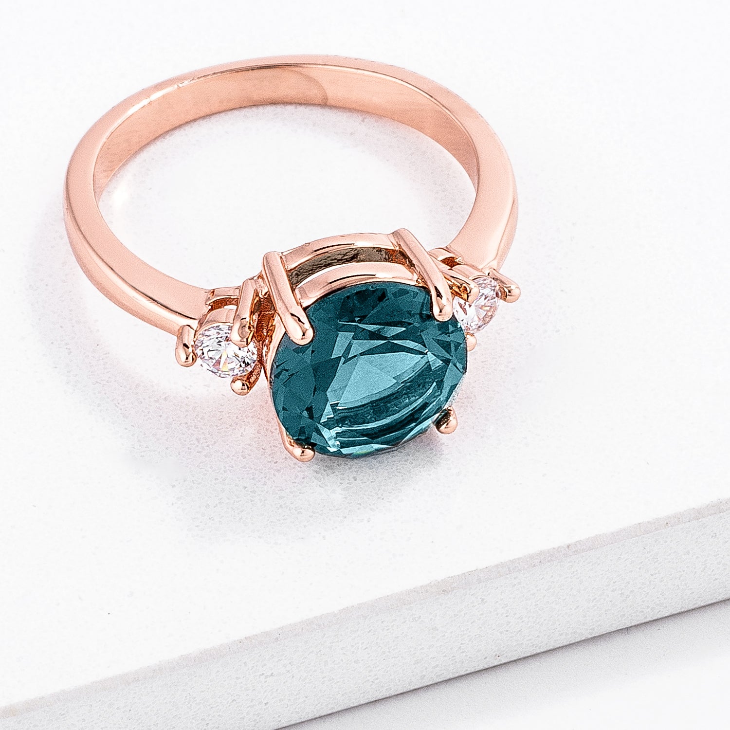 Sultry Edge Classic Muse Rose Gold Plated Blue Green Three Stone Engagement Ring - Friggin Jewelry Fashion