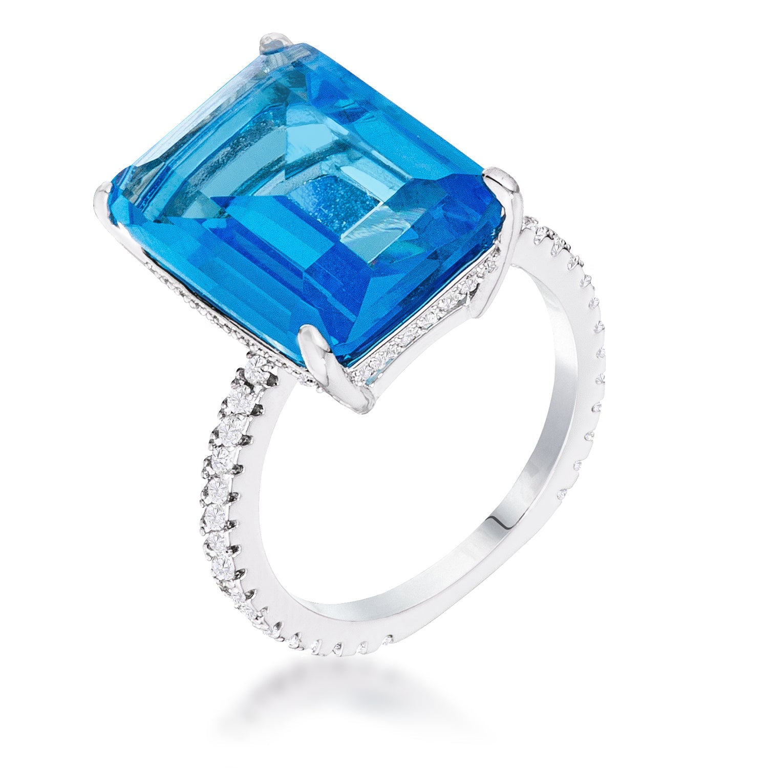 Iconic Whisper Everyday Line 15Ct Rhodium Plated Aqua Blue Emerald Cut Pave Ring - Friggin Jewelry Fashion