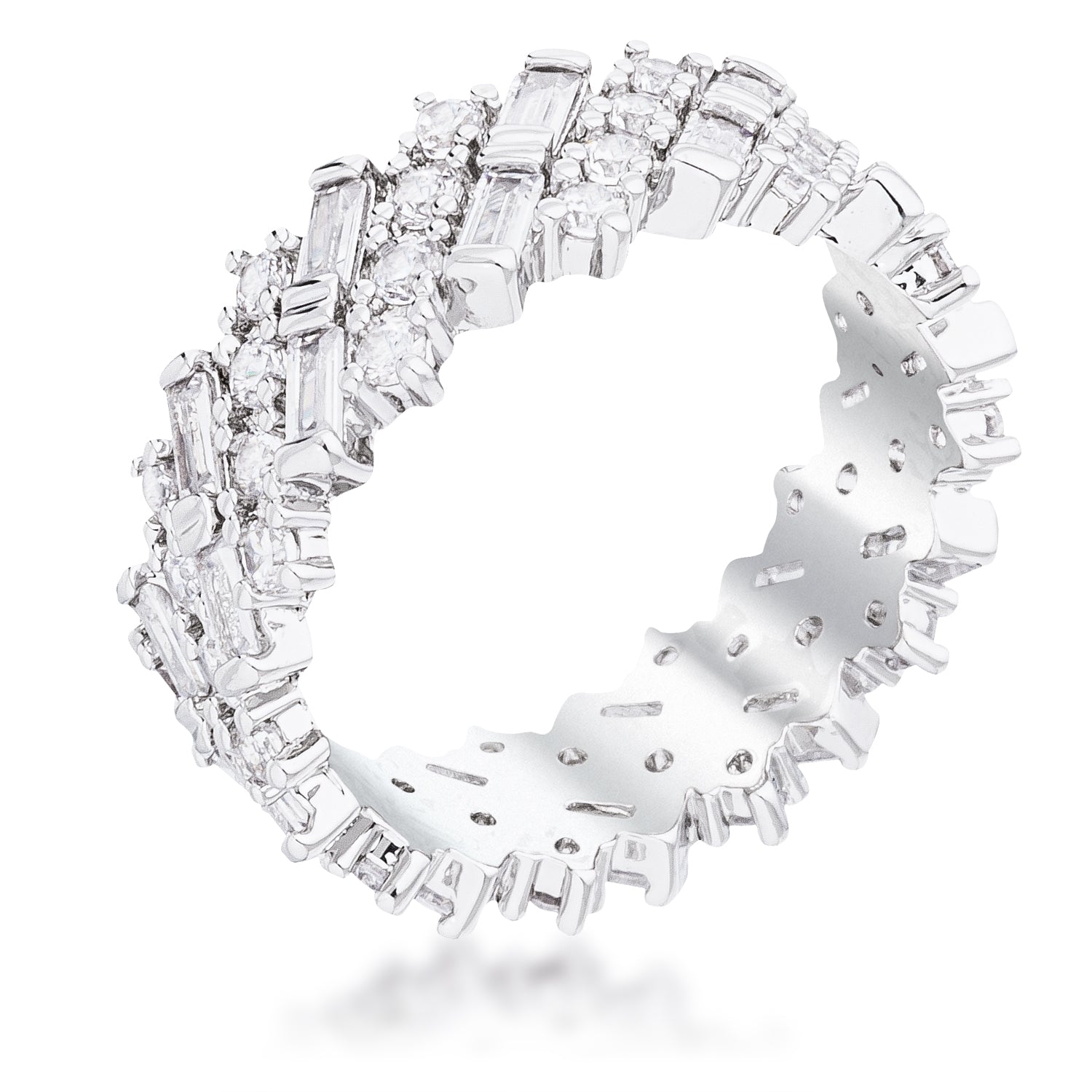 Everyday Edge Bold Icon Rhodium Clear CZ Alternating Baguette Round Eternity Band - Friggin Jewelry Fashion