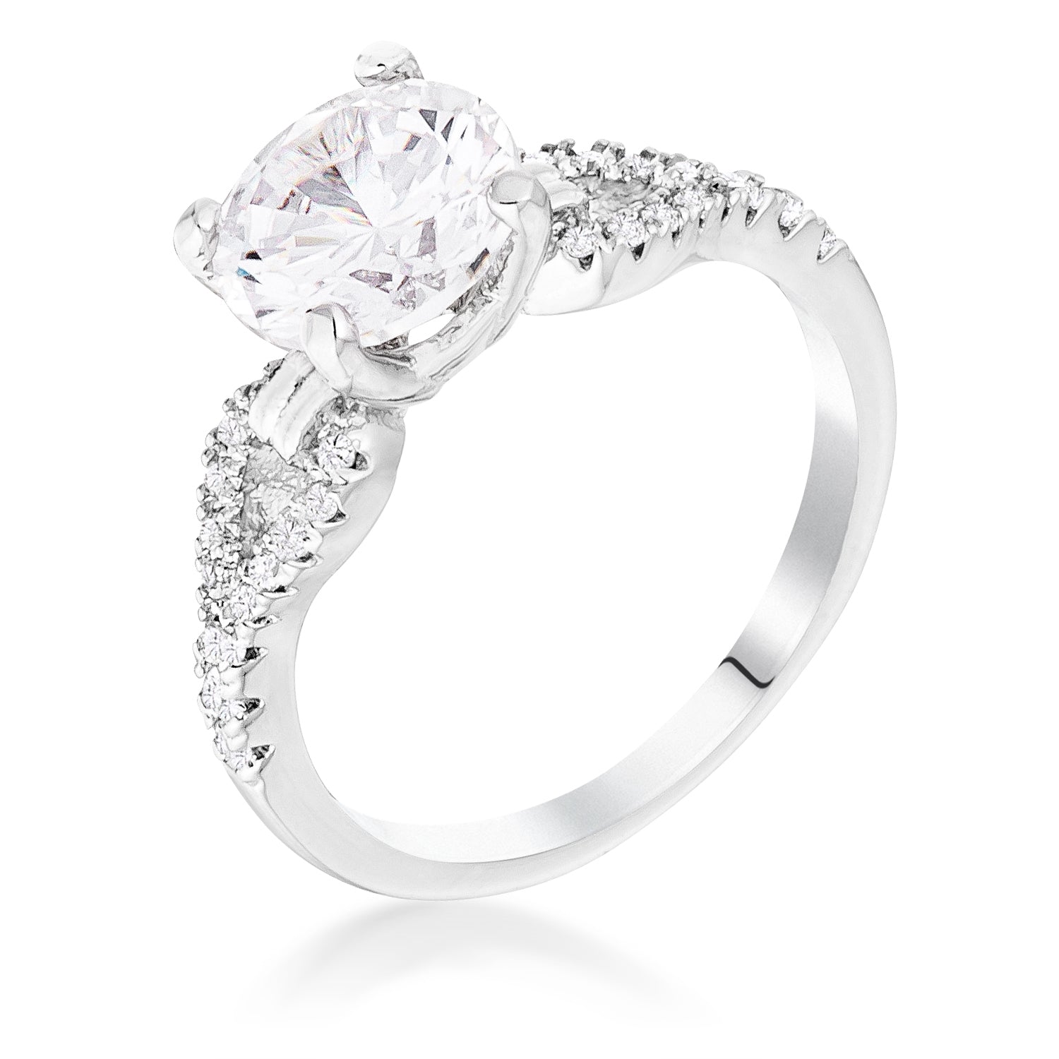 Radiant Edge Classic Series 2.11Ct Rhodium Round Cut CZ Petite Ribbon Engagement Ring - Friggin Jewelry Fashion