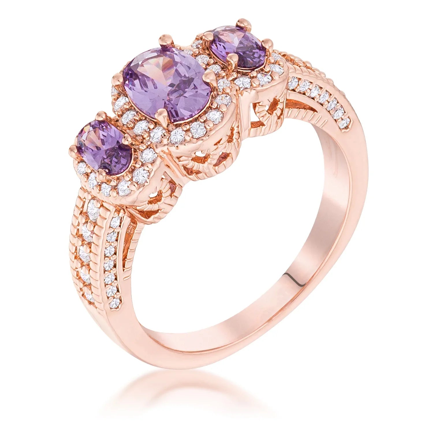 Polished Edge Timeless Edit Rose Gold Plated 3-Stone Amethyst Oval Cut CZ Halo Ring - Friggin Jewelry Fashion