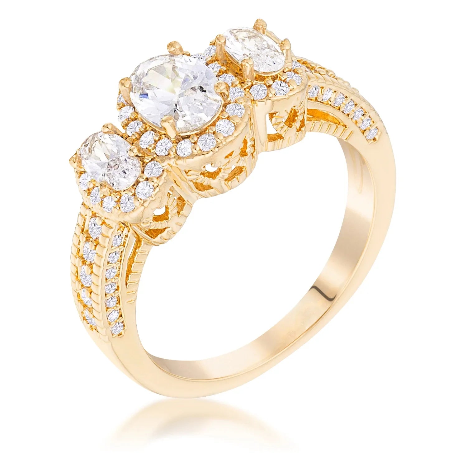 Studio Edge Signature Edit Gold Plated 3-Stone Clear Oval Cut CZ Halo Ring - Friggin Jewelry Fashion