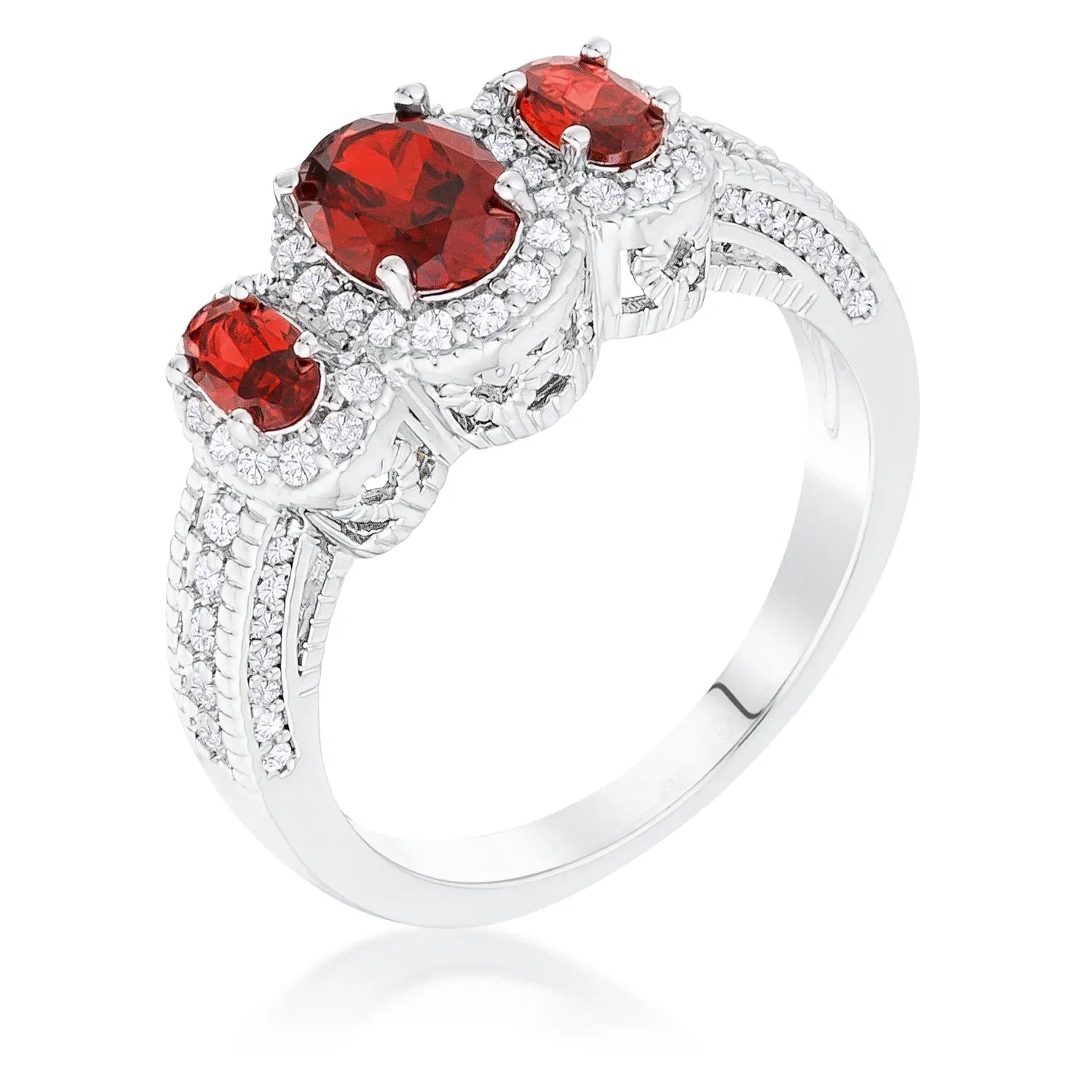 Seductive Detail Icon Series Rhodium Plated 3-Stone Garnet Oval Cut CZ Halo Ring - Friggin Jewelry Fashion