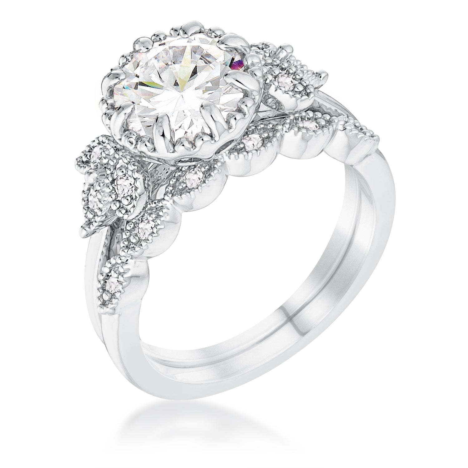 Exclusive Spark Timeless Edit 2.25Ct Rhodium Plated Round Cut CZ Trio Laurel Leaf Engagement Set - Friggin Jewelry Fashion
