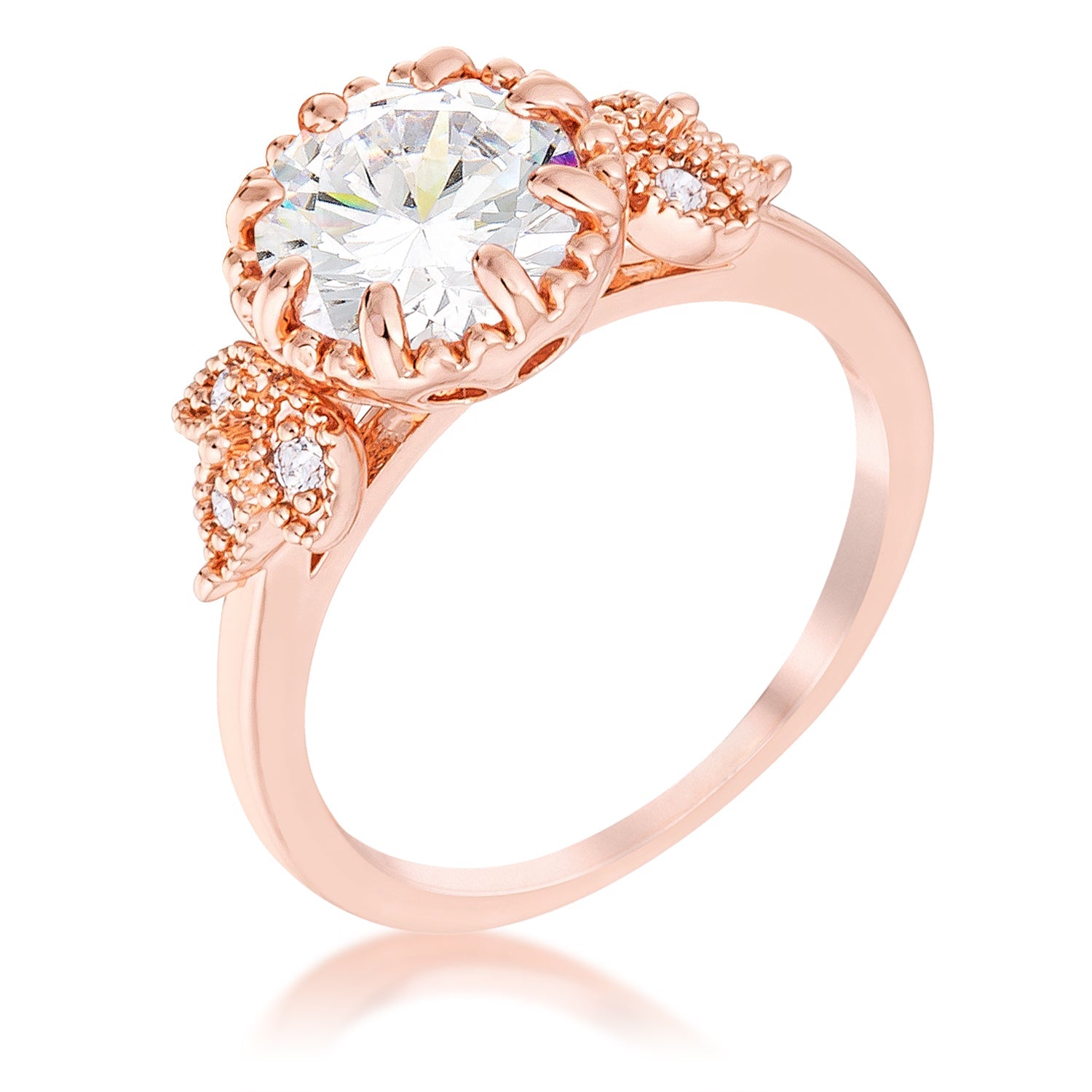 Desired Whisper Couture Line 2Ct Rose Gold Plated Round Cut CZ Trio Laurel Leaf Engagement Ring - Friggin Jewelry Fashion