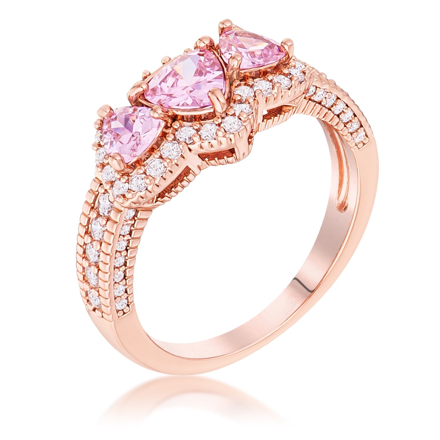 Timeless Sovereign Classic Edit Rose Gold Plated 3-Stone Trillion Cut Pink CZ Halo Pave Ring - Friggin Jewelry Fashion